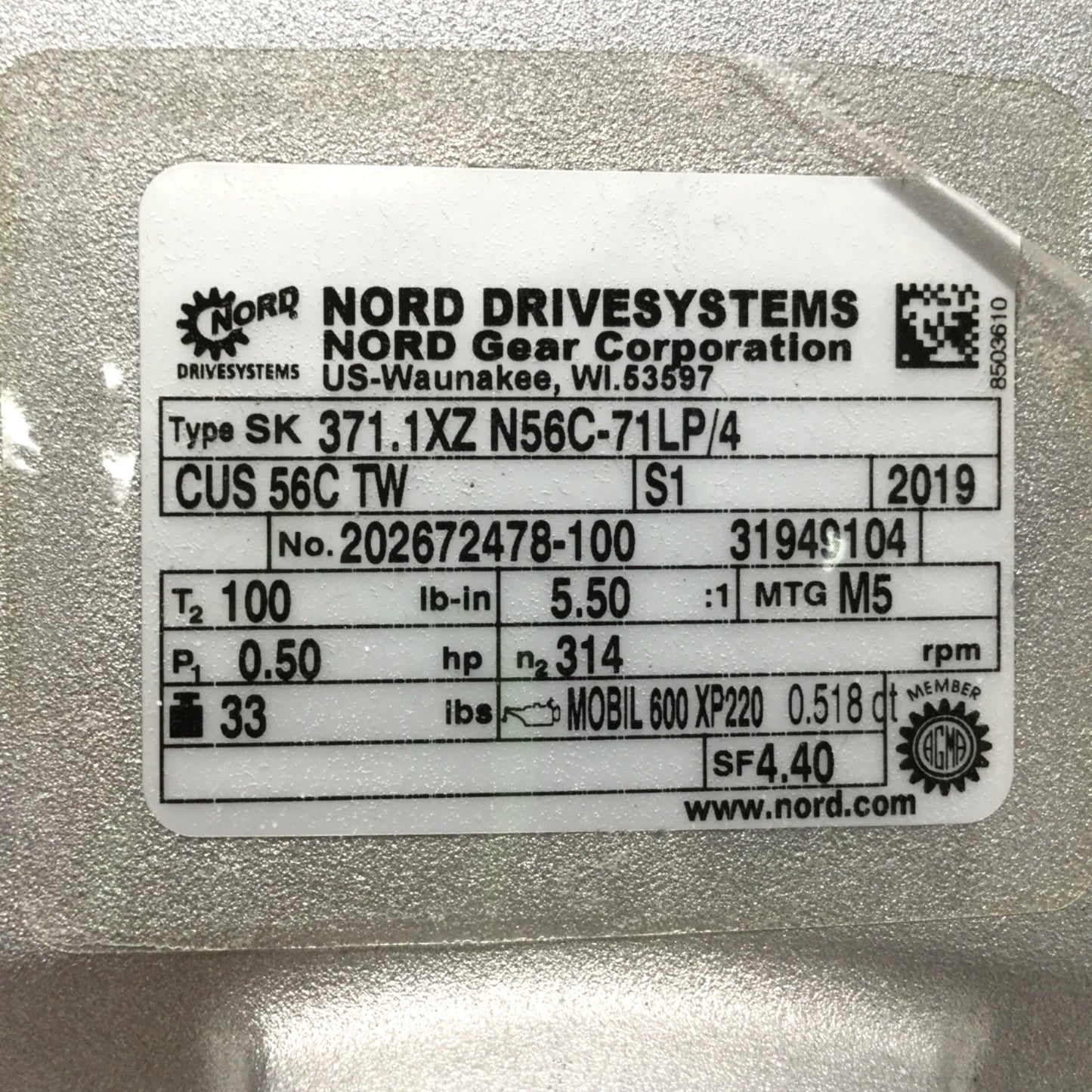 Used Nord SK371.1XZ N56C-71LP/4 Gear Motor 1/2HP, 100in-lb, 5.5:1, 314RPM, 230/460VAC