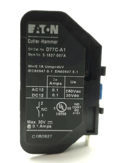 Used Eaton Cutler-Hammer D77C-A1 Auxiliary Contact, 1-Pole NC, 30VDC 250VAC .1A