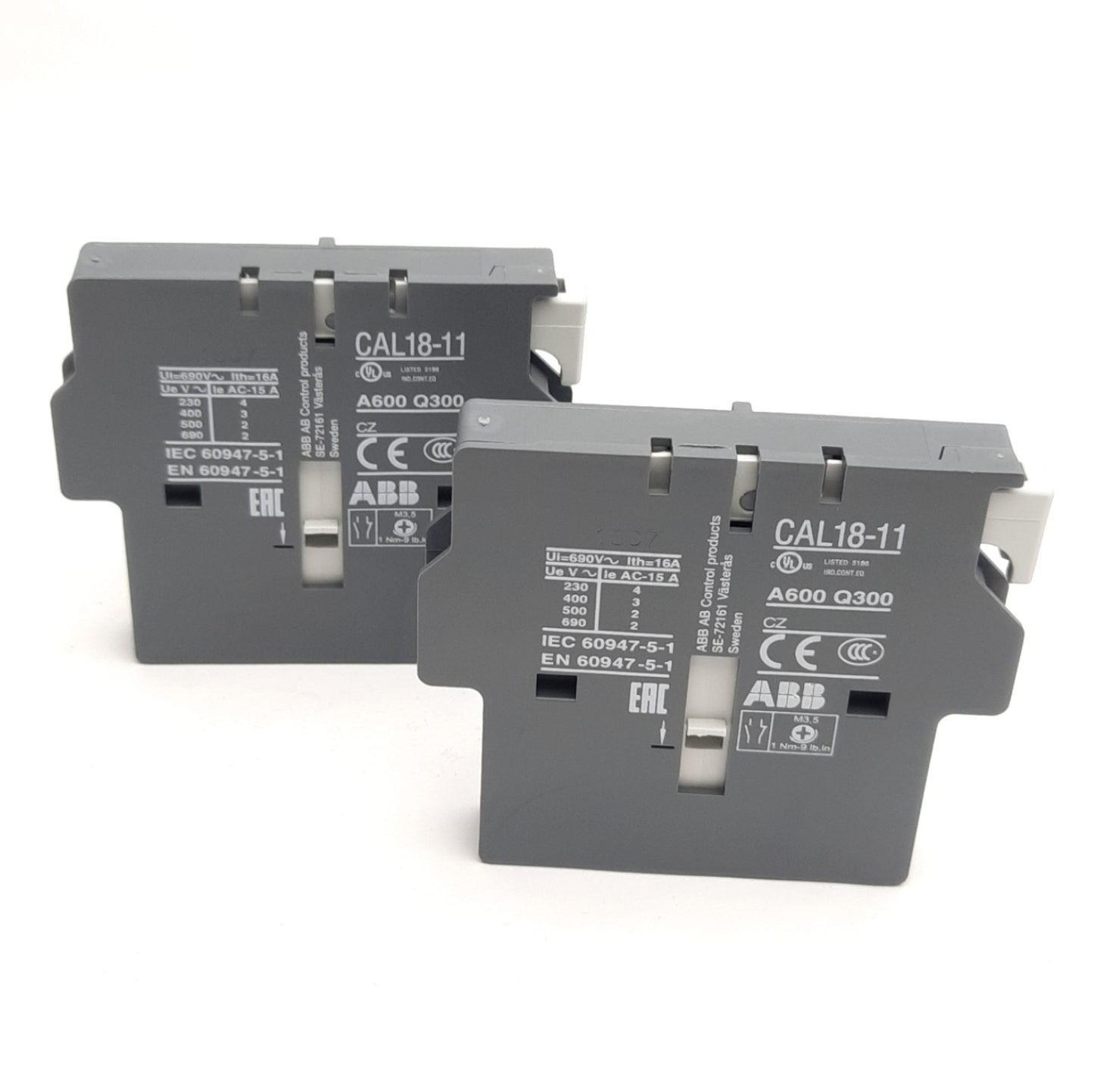 New Lot of 2 ABB CAL18-11 Auxiliary Contact Block, 2 Pole 1NC 1NO, 690VAC 16A