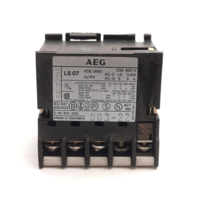 Used AEG LS07 10E Mini-Contactor 3-Ph, 4NO, 16A, 600V AC, 300V DC, 110/120V Coil