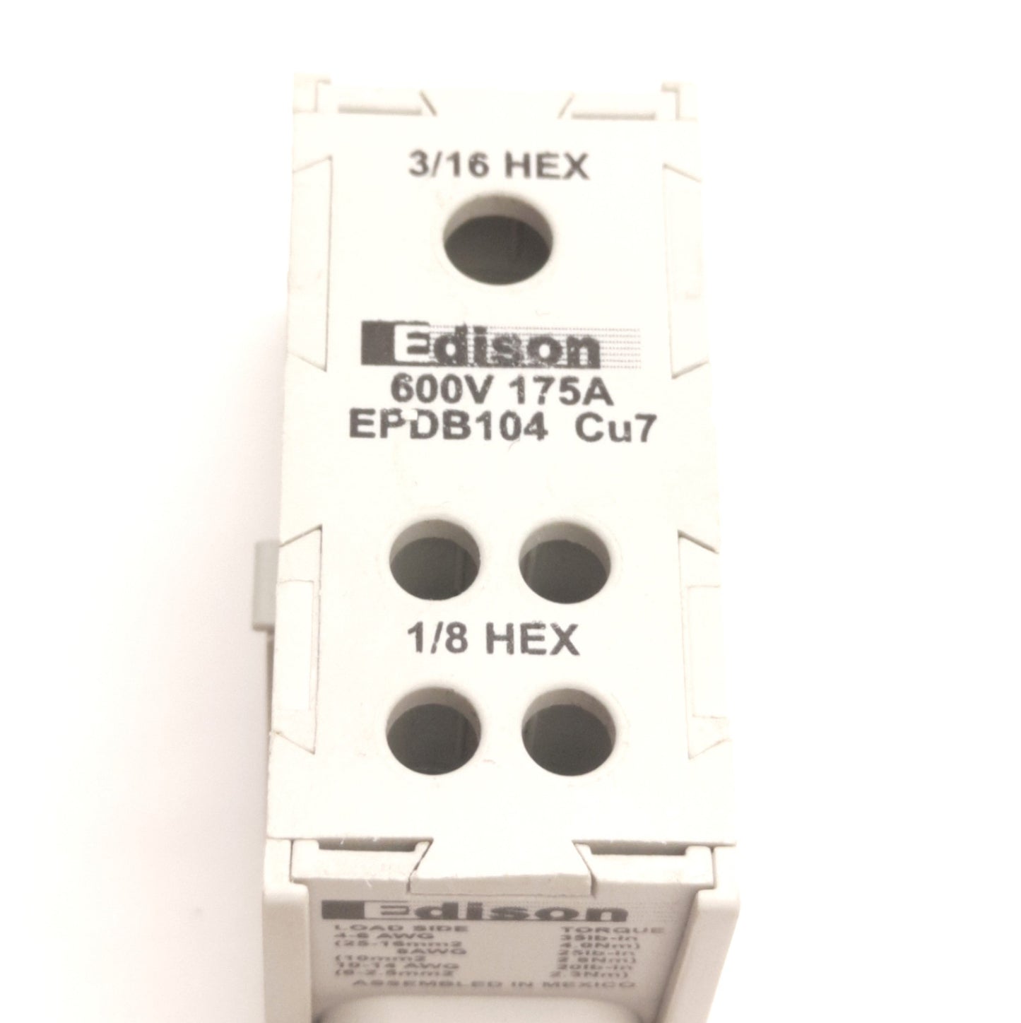 Used Edison EDPB104 Power Distribution Block 1x4 Line/Load, 600V 175A, DIN Rail Mount