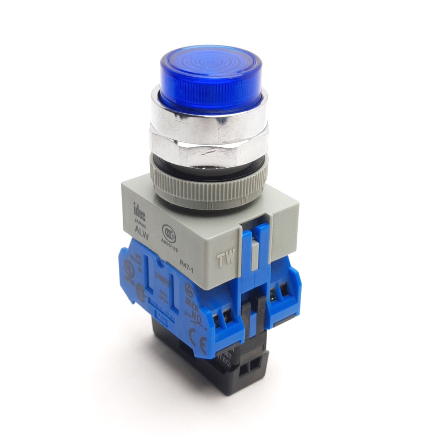 Used Idec HW4L-M2P10Q4S Pushbutton, 22mm, Illuminated, Extended, Blue, 2-NO Contacts