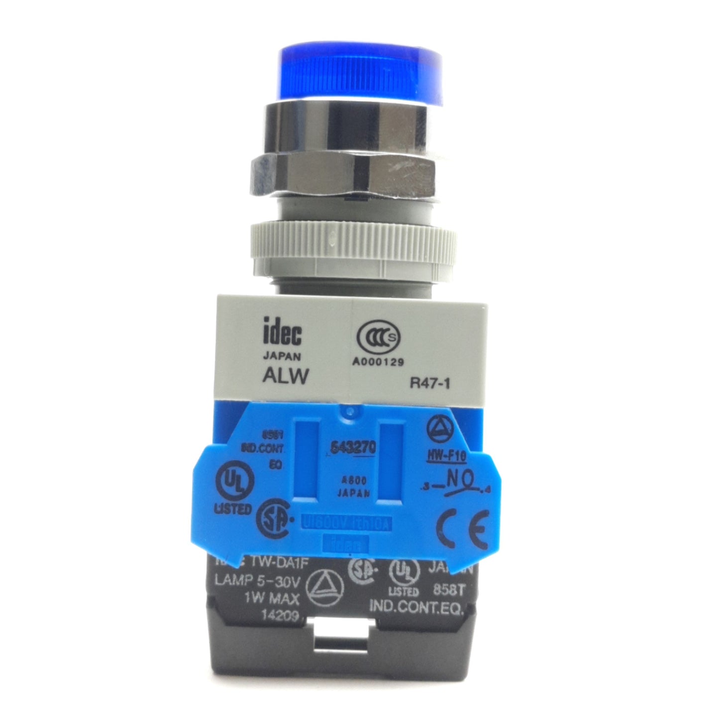 Used Idec HW4L-M2P10Q4S Pushbutton, 22mm, Illuminated, Extended, Blue, 2-NO Contacts