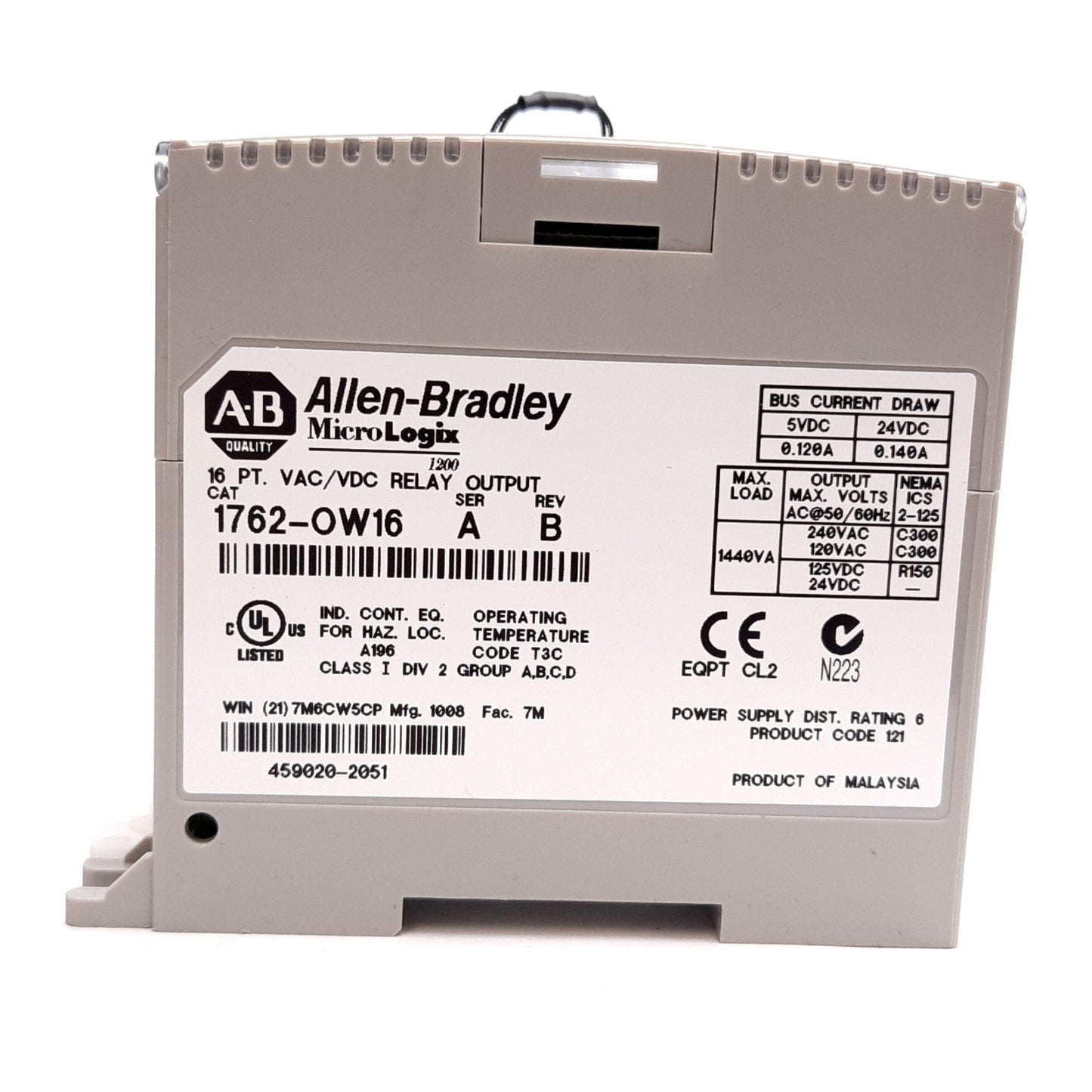 Used Allen Bradley 1762-OW16 Ser A MicroLogix Relay Output Module 16-Pt 240VAC/125VDC