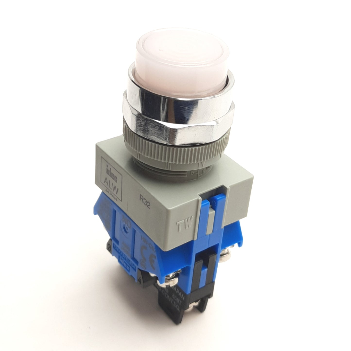 Used Idec HW4L-M2P20Q4PW Illuminated Pushbutton, White, Extended, 2NO, w/ Yellow Lamp