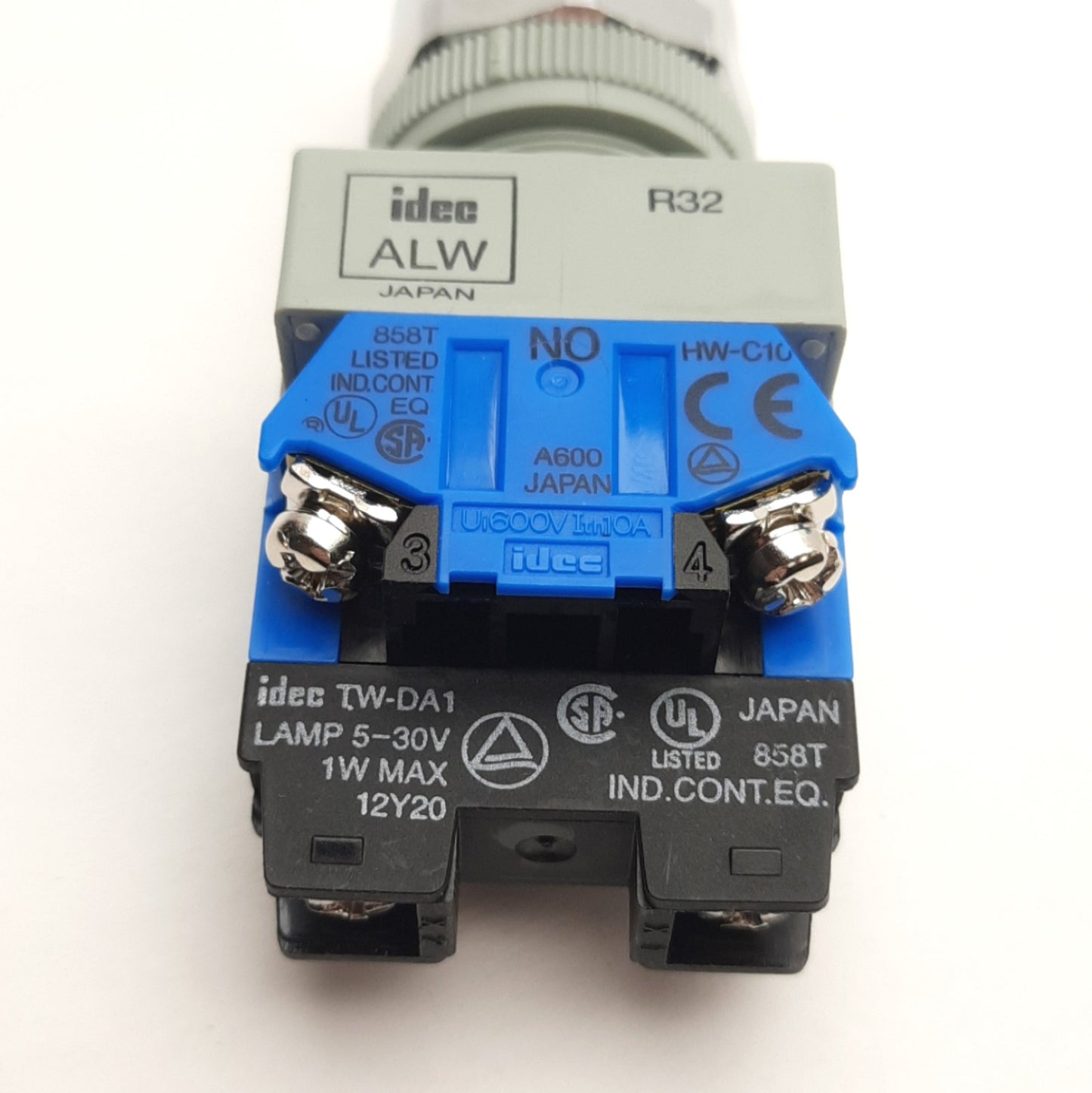 Used Idec HW4L-M2P20Q4PW Illuminated Pushbutton, White, Extended, 2NO, w/ Yellow Lamp