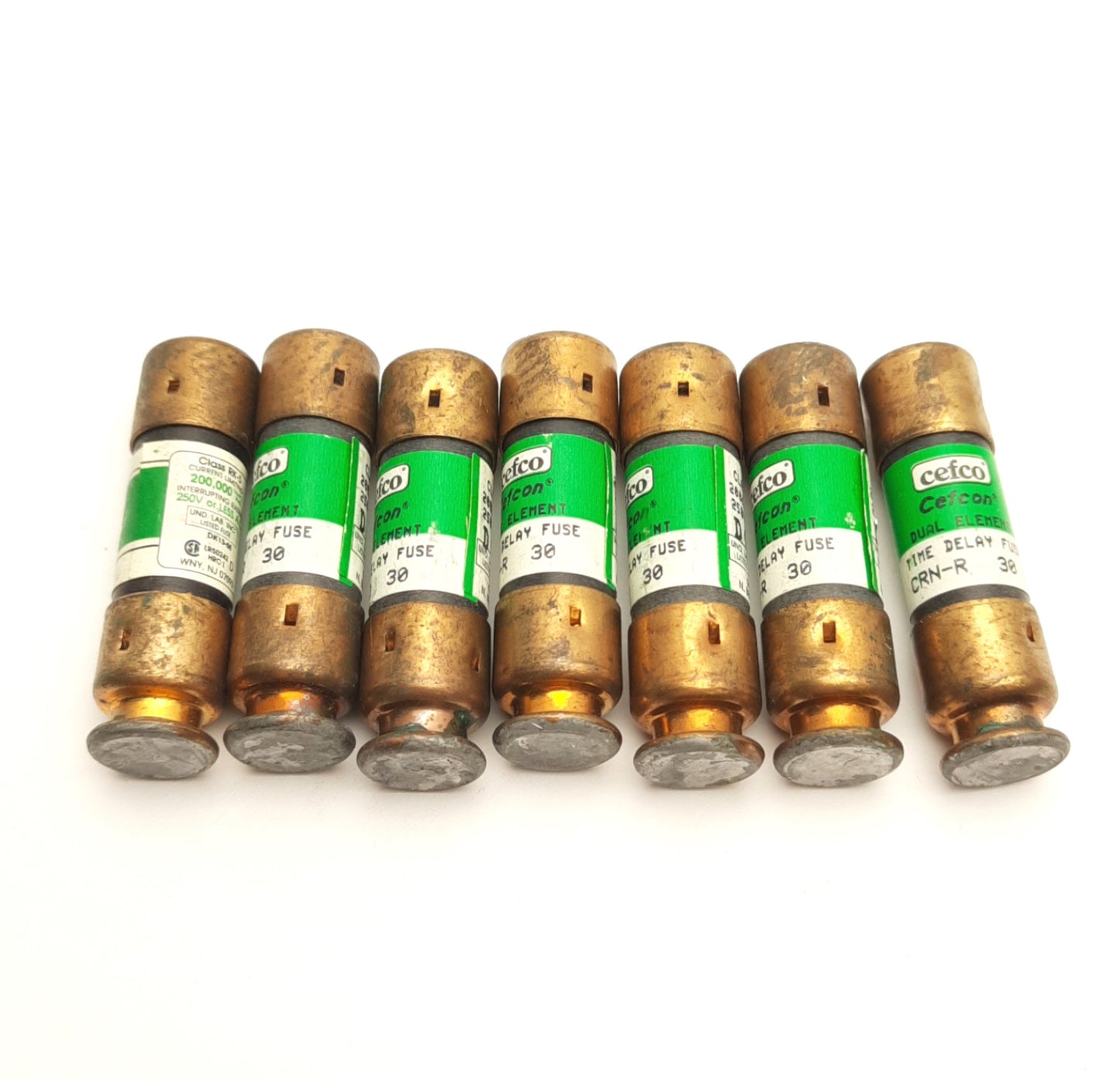 Used Lot of 7 Cefco CRNR-30 Time Delay Fuses, Class RK-5, 30A, 250V AC Max