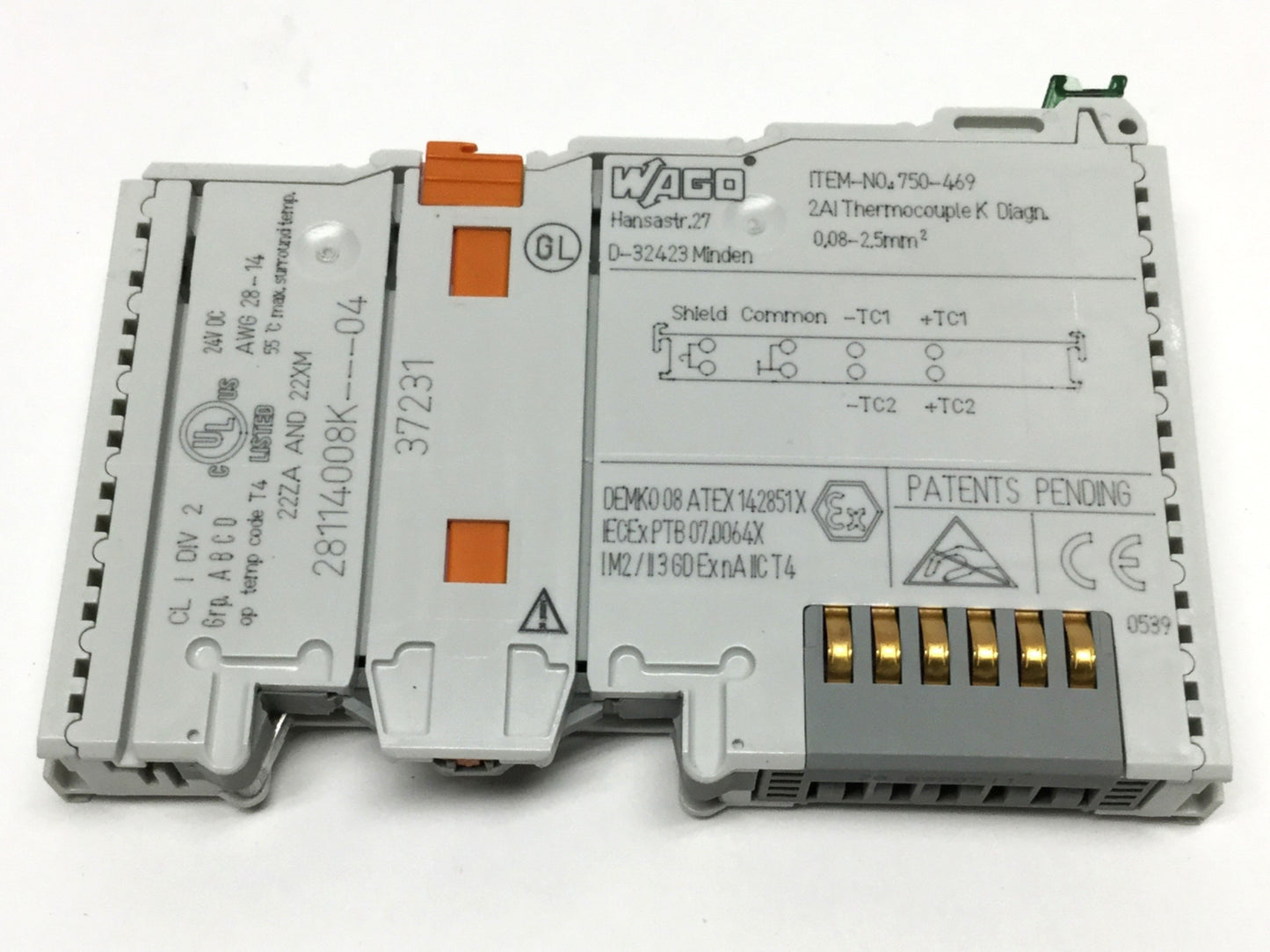 Used Wago 750-469 Thermocouple Analog Input Module K-Type Diagnostic 2-Channel, 24VDC