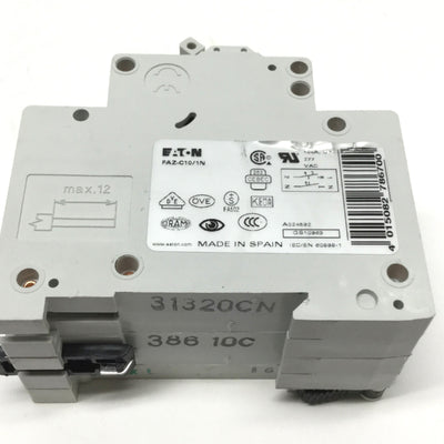 Used Eaton FAZ-C10/1N Circuit Breaker 1-Pole + N, 10A 240VAC w/Aux Contact 1NO-1NC