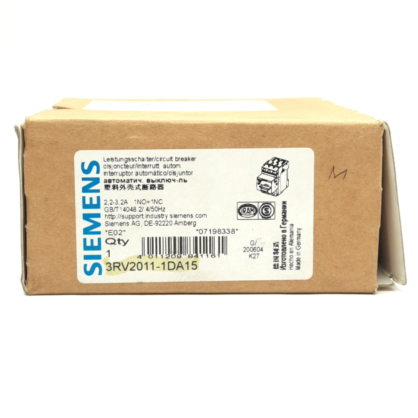 New Siemens 3RV2011-1DA15 Sirius Circuit Breaker, 3-Pole, 2.2-3.2A, 20-690V
