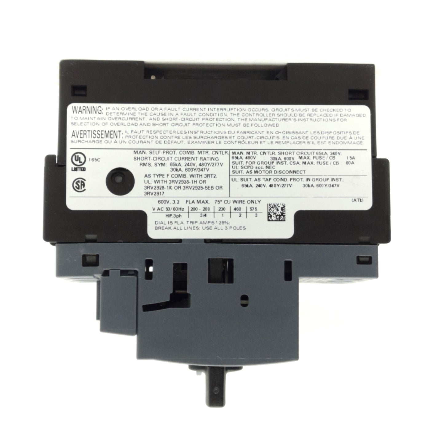 New Siemens 3RV2011-1DA15 Sirius Circuit Breaker, 3-Pole, 2.2-3.2A, 20-690V