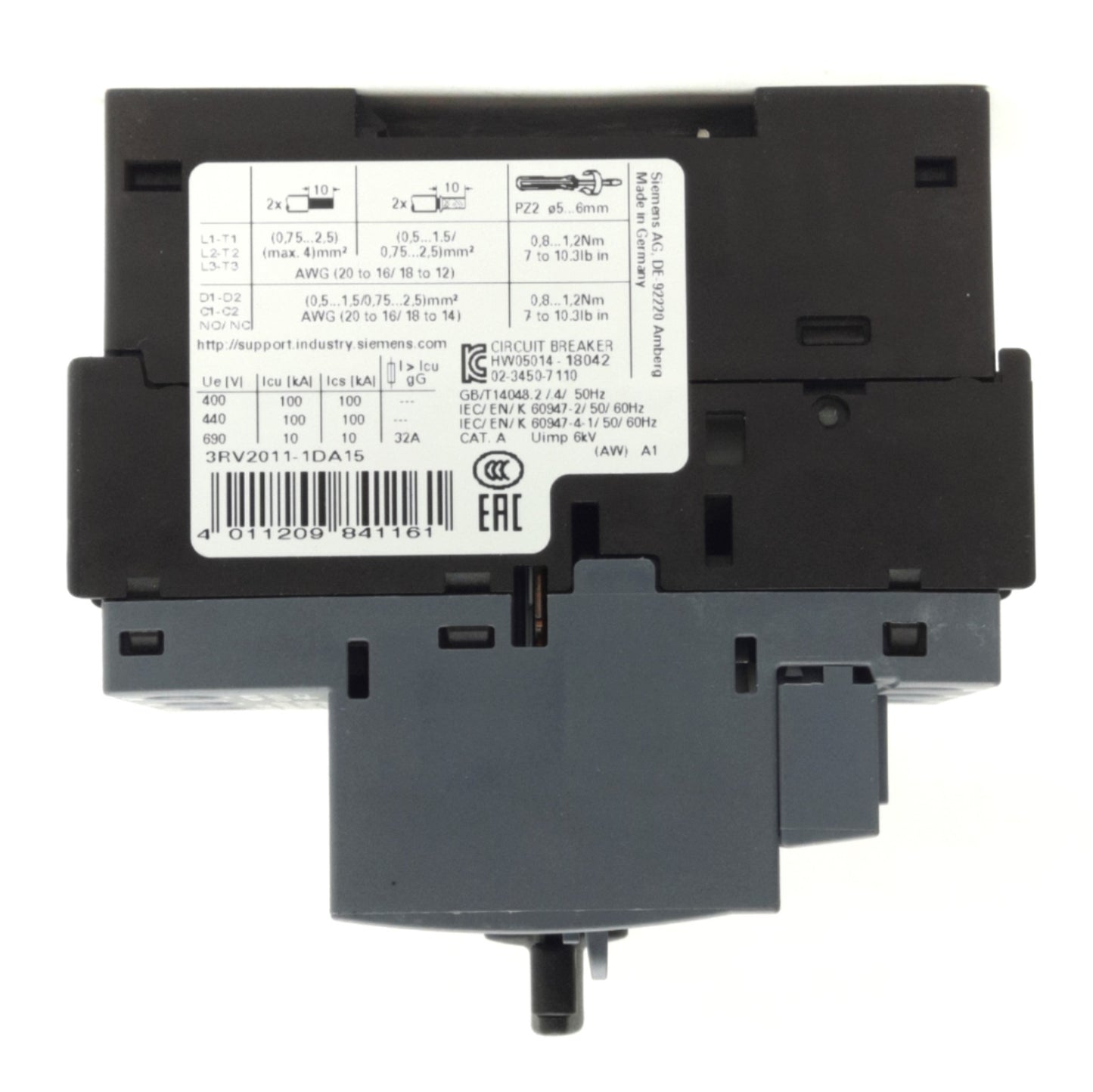 New Siemens 3RV2011-1DA15 Sirius Circuit Breaker, 3-Pole, 2.2-3.2A, 20-690V