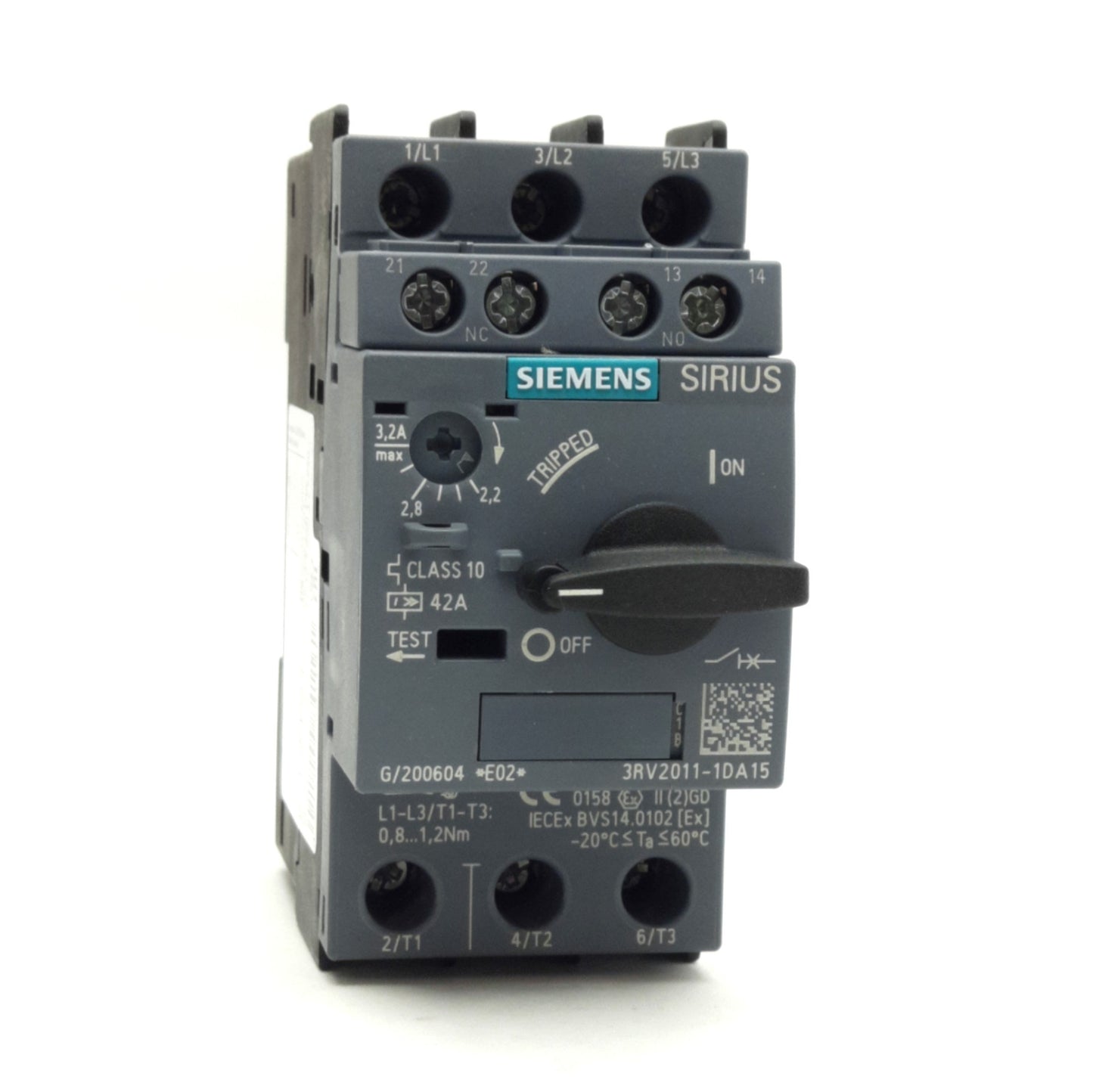 New Siemens 3RV2011-1DA15 Sirius Circuit Breaker, 3-Pole, 2.2-3.2A, 20-690V