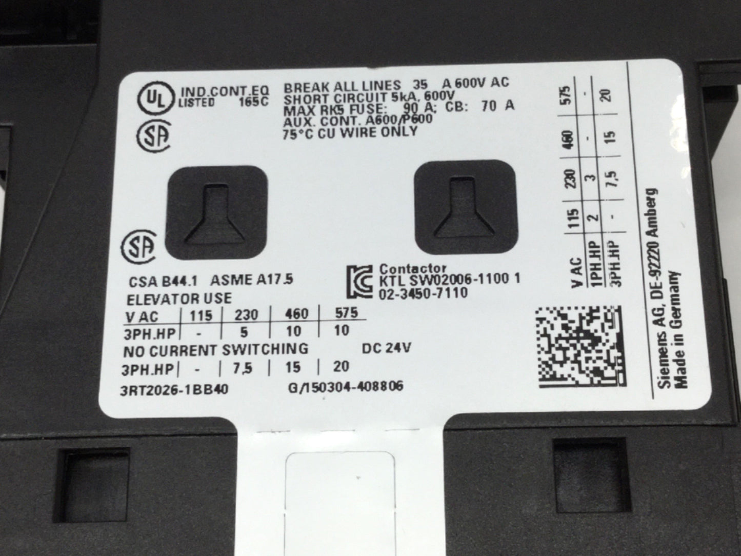 Used Siemens 3RT2026-1BB40 SIRIUS Power Contactor 600VAC, 40A, 3-Pole+1NO-1NC, 24VDC