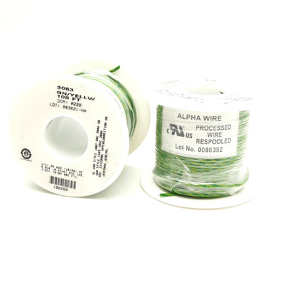 New Lot of 2 Alpha Wire 3053 GN/Yellow Hook-Up Wire 100' 1/C 20AWG (10/30) 300V