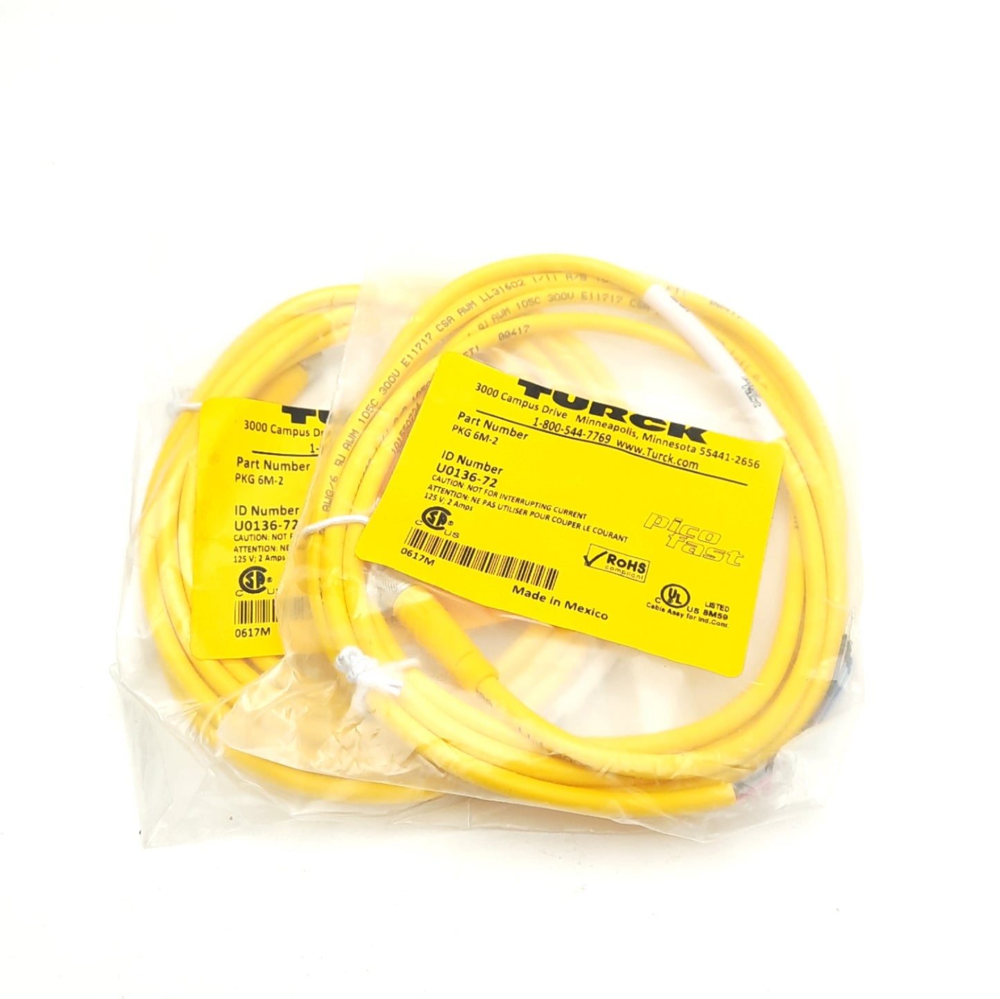New Lot of 2 Turck PKG 6M-2 U0136-72 Pico Fast Cord Set M8 6-Pin Female, 2m, 125V 2A