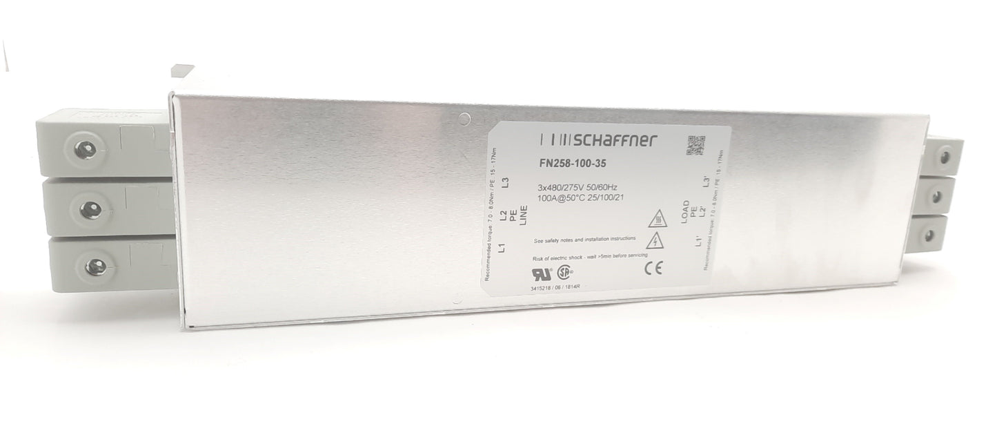 New Schaffner FN258-100-35 EMC / RFI Power Line Filter, Rating: 480VAC 50-60Hz 100A