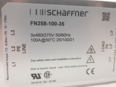 New Schaffner FN258-100-35 EMC / RFI Power Line Filter, Rating: 480VAC 50-60Hz 100A