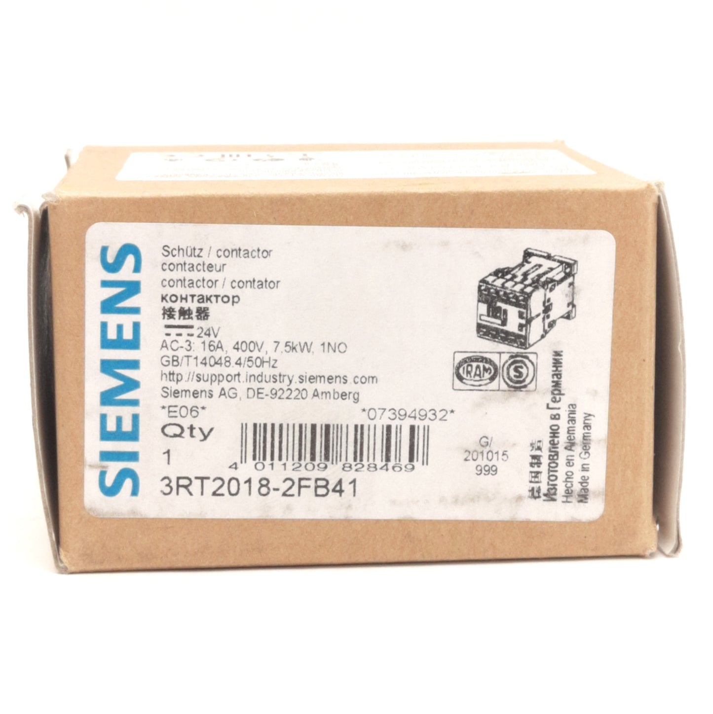 New Siemens 3RT2018-2FB41 Sirius Power Contactor 3-Pole, 690VAC 22A, 24VDC Coil