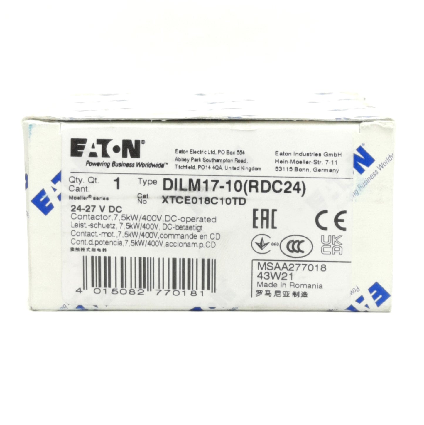 New Eaton DILM17-10(RDC24) Contactor, 3-Pole 1NO w/ Aux 1NO, 690VAC 40A, 24 VDC Coil