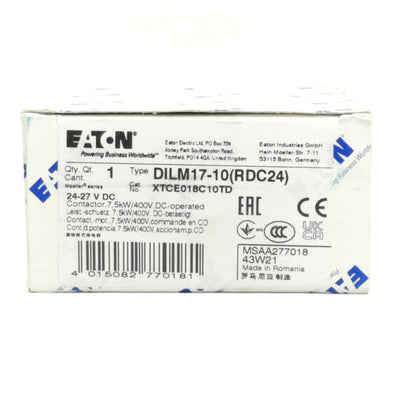 New Eaton DILM17-10(RDC24) Contactor, 3-Pole 1NO w/ Aux 1NO, 690VAC 40A, 24 VDC Coil