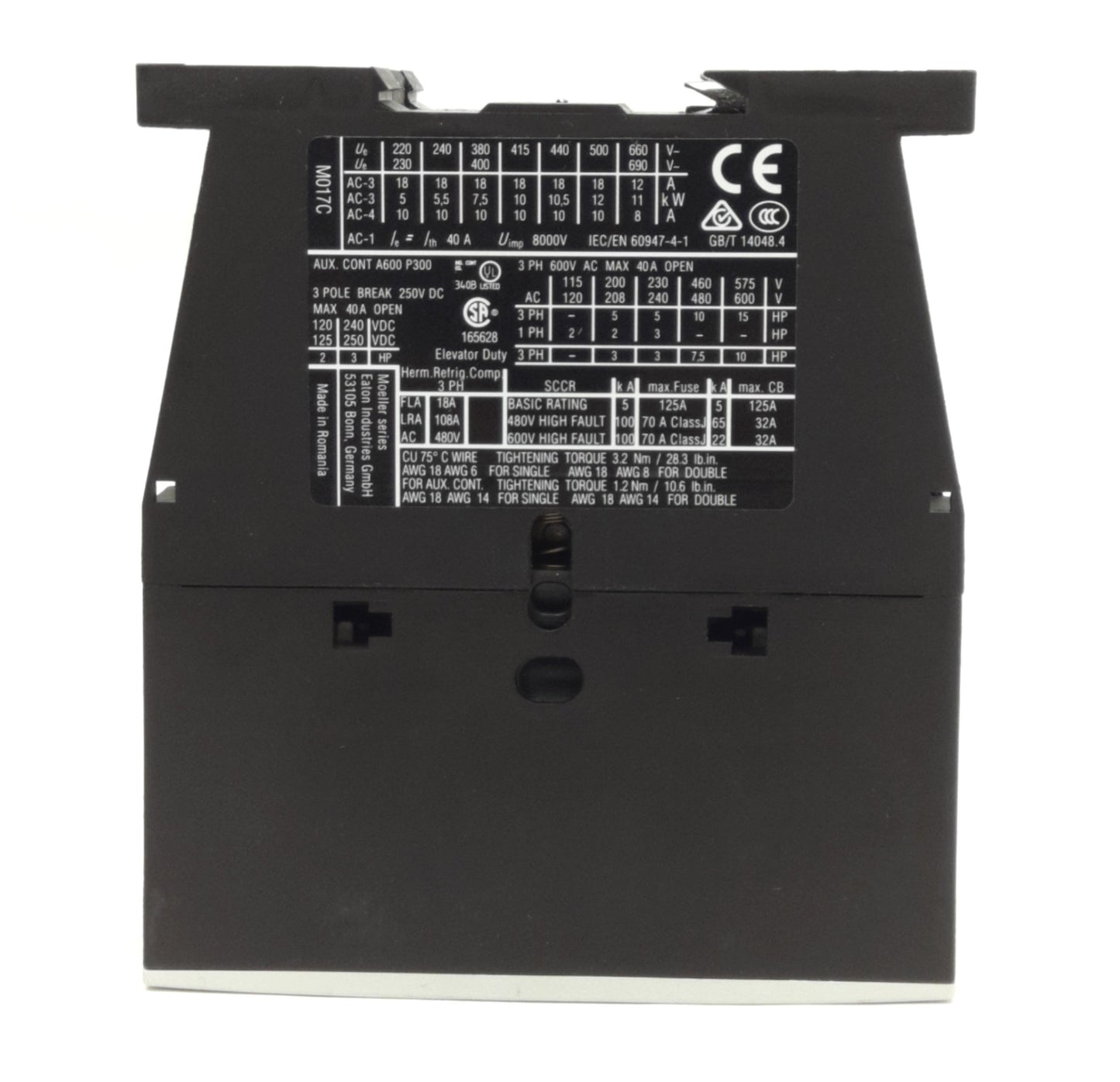 New Eaton DILM17-10(RDC24) Contactor, 3-Pole 1NO w/ Aux 1NO, 690VAC 40A, 24 VDC Coil