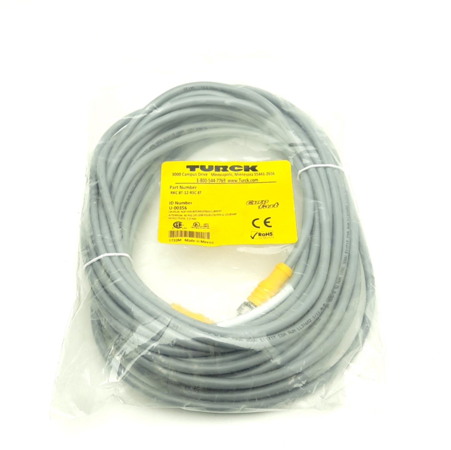 New Turck RKC 8T-12-RSC 8T Cordset, Straight Female to Male M12, 8-Pin, 2A, 12m