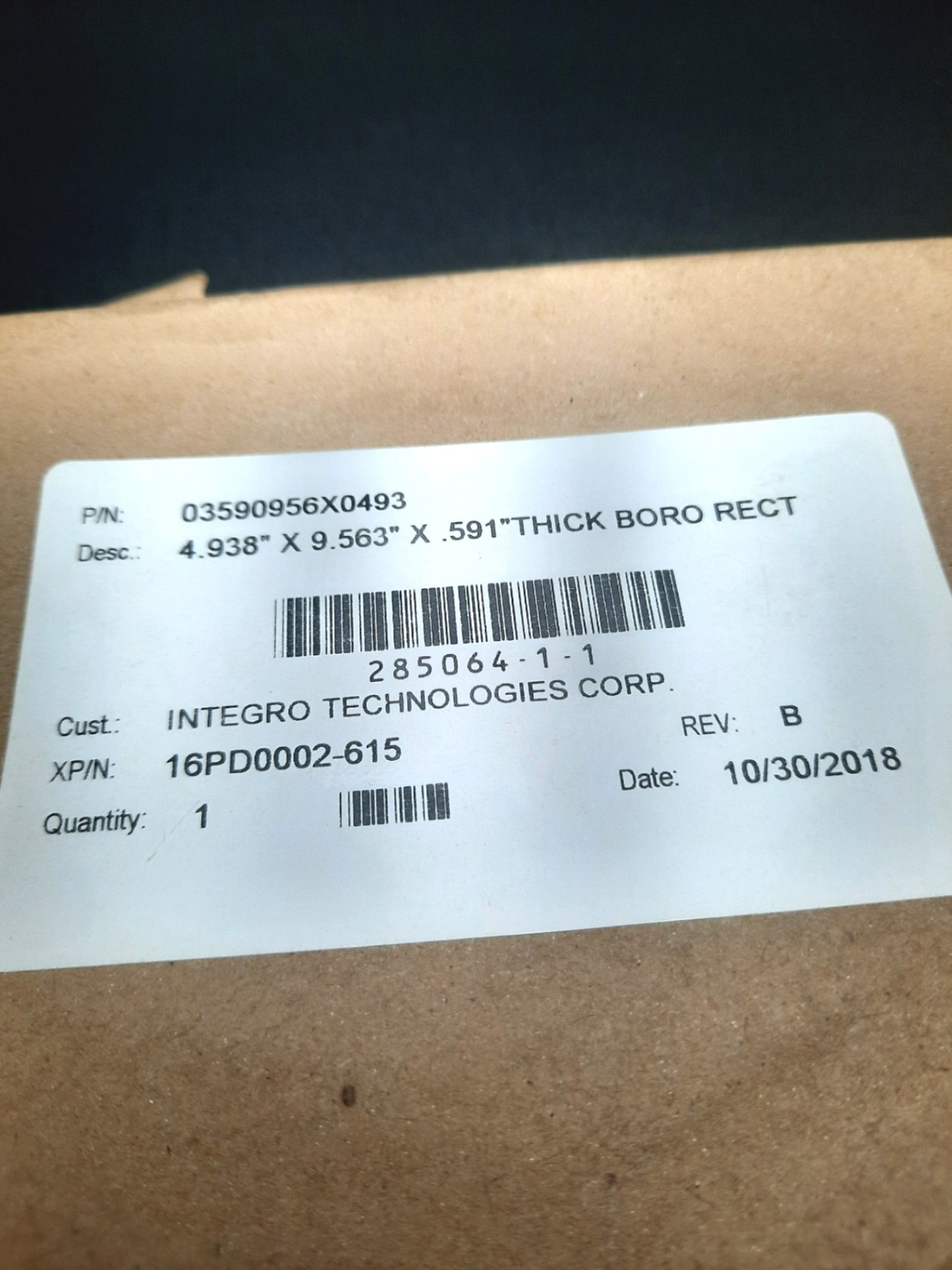 New Integro Technologies 16PD0002-615 Borosilicate Glass 4.938 x 9.563 x .591"