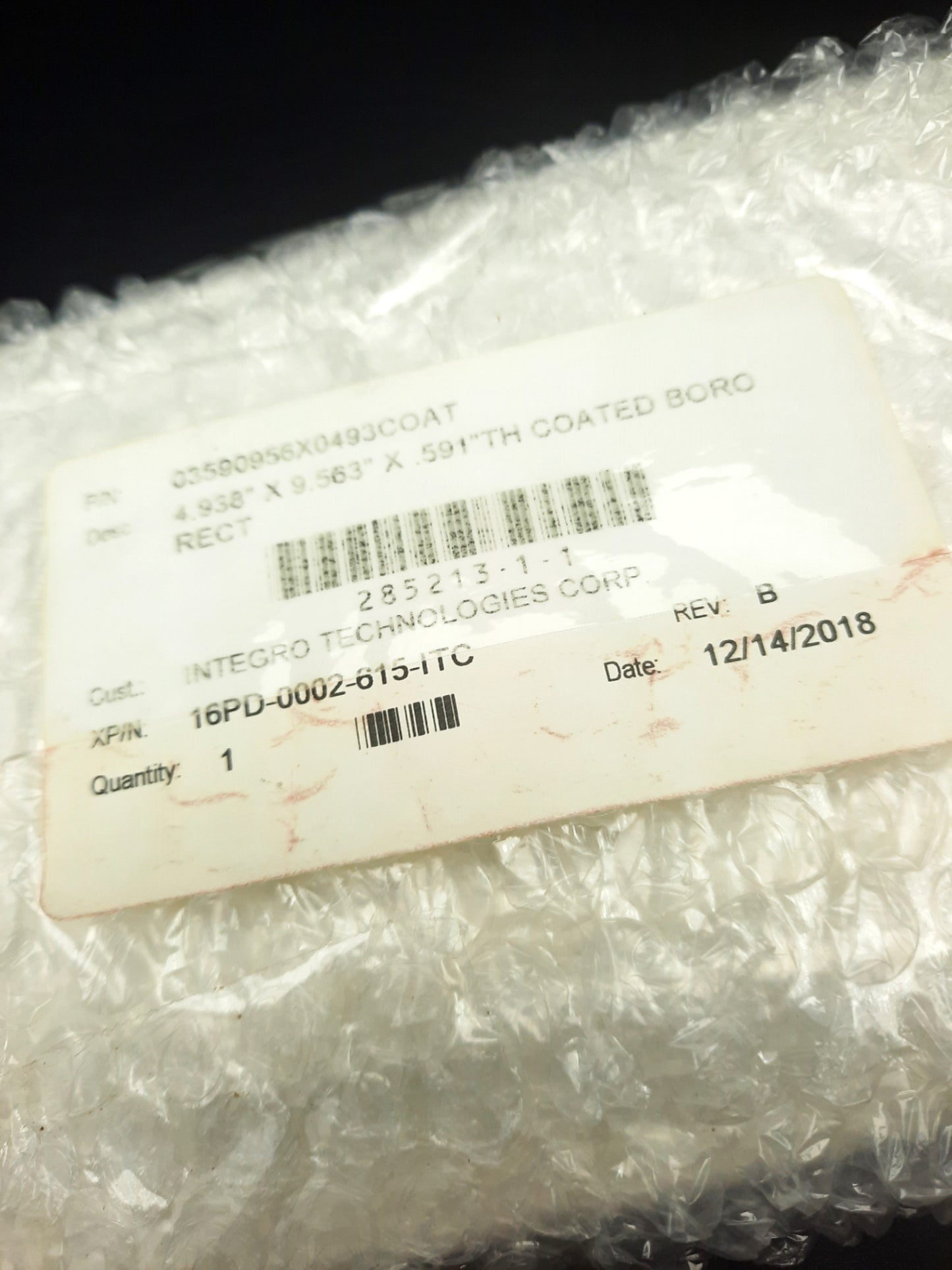 New Integro Technologies 16PD0002-615-ITC TH Coated Borosilicate 4.938x 9.563x .591"
