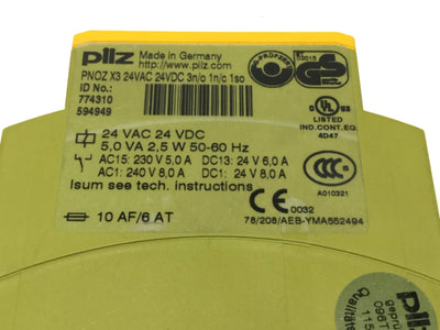 Used Pilz PNOZ X3 774310 E-STOP Relay Safety Gate Monitor 24VAC/24VDC 3NO-1NC-1SO