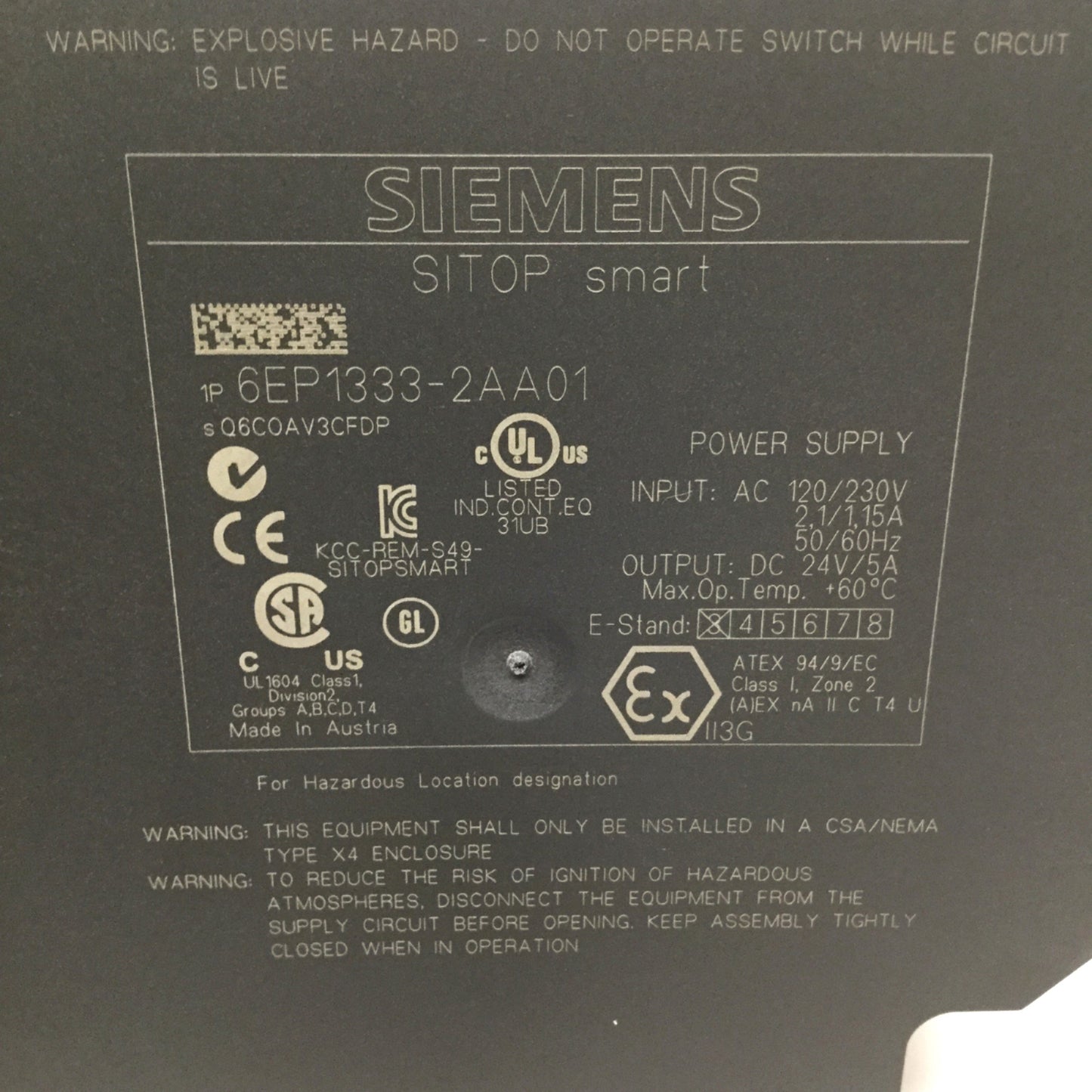 Used Siemens 6EP1333-2AA01 SITOP Smart Power Supply 120/230VAC In, 24VDC 5A Out