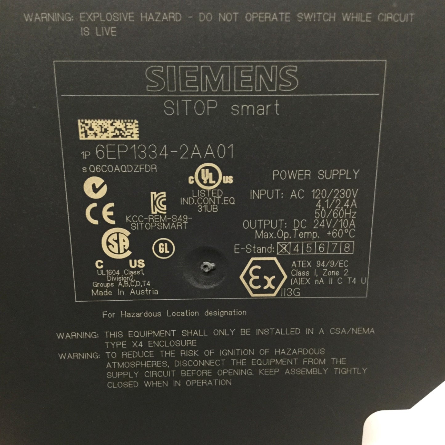 Used Siemens 6EP1334-2AA01 SITOP Smart Power Supply 120/230VAC In, 24VDC 10A Out