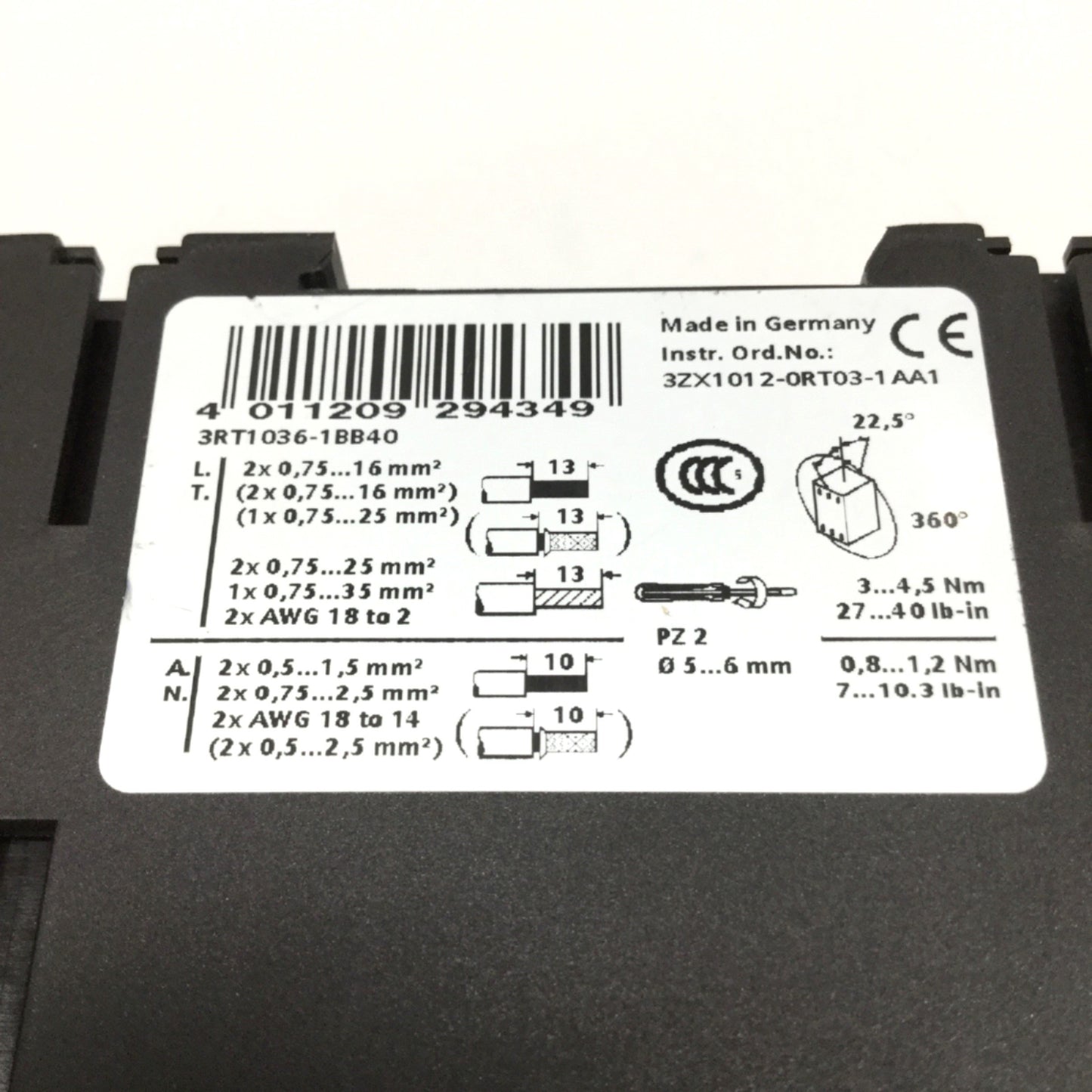 Used Siemens 3RT1036-1BB40 Sirius Power Contactor 3-Pole, 24VDC Coil, 50A 600VAC