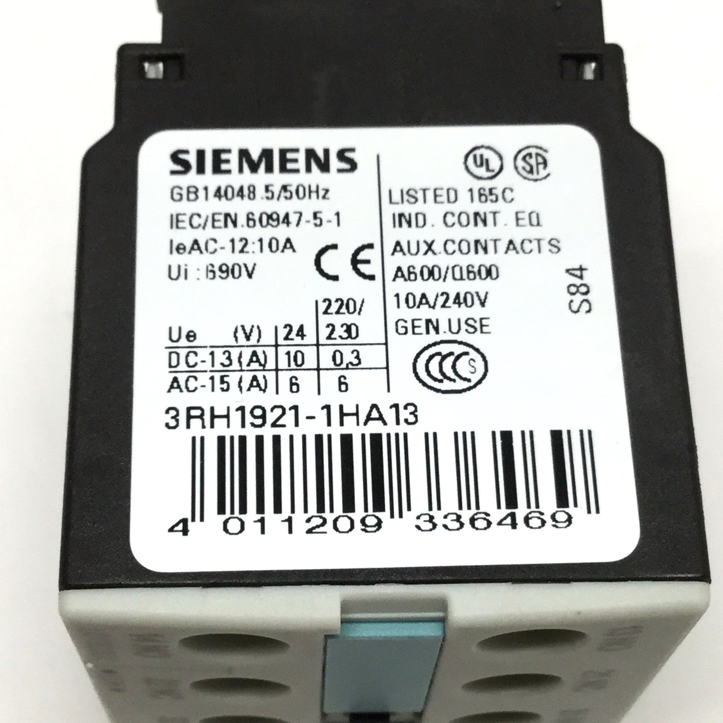 Used Siemens 3RH1921-1HA13 Sirius Auxiliary Contact Block, 4-Pole, 1NO-3NC, 240V 10A