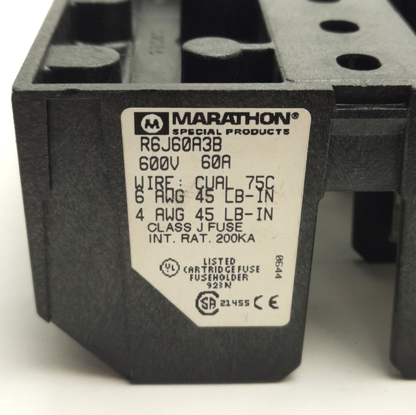 Used Marathon R6J60A3B Open Type Fuse Holder, 3-Poles, 60A 600V, Class J Fuses