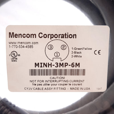 New Mencom MINH-3MP-6M Cordset, 3-Pin 7/8-16UN2 Male to Flying Leads, 600V 18A, 6m