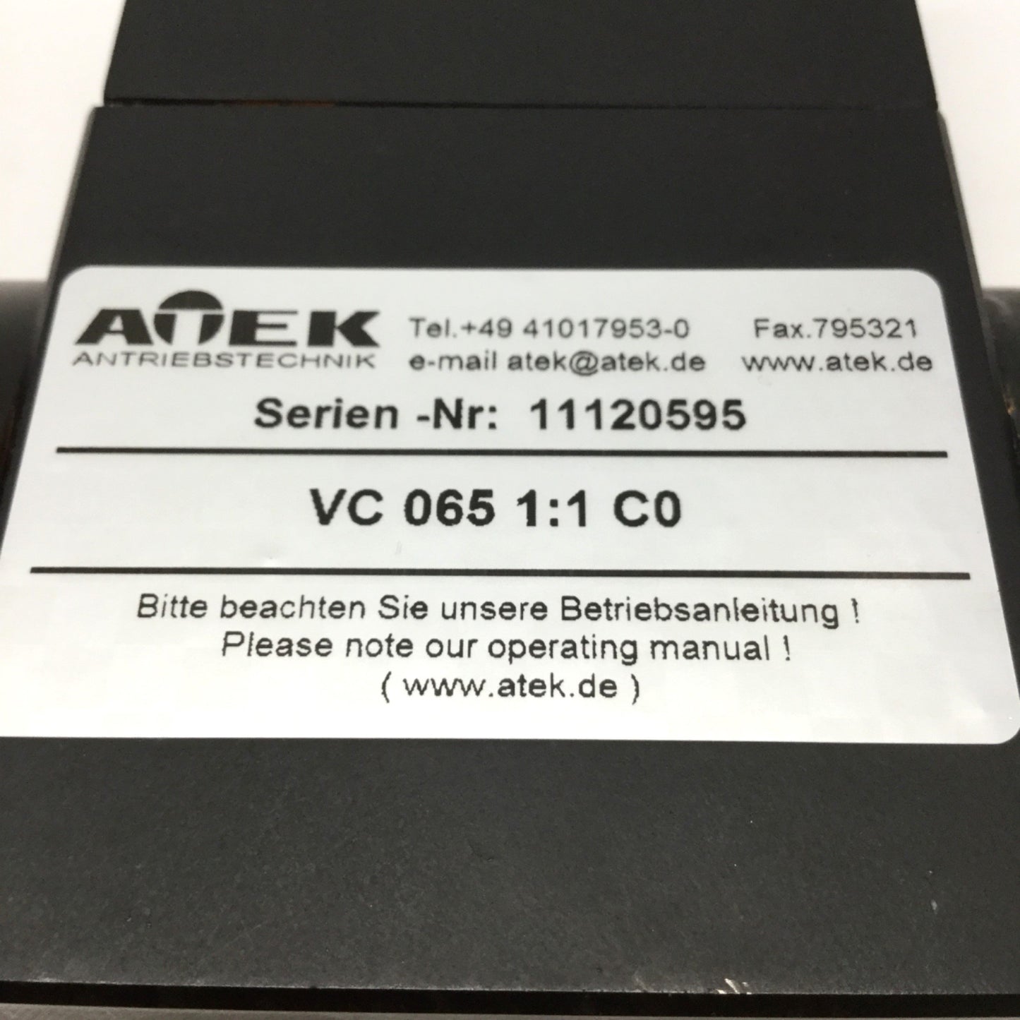 Used Atek VC 065 C0 Right Angle Servo Bevel Gear Box Drive, 1:1 Ratio, 3.6Nm @4000RPM