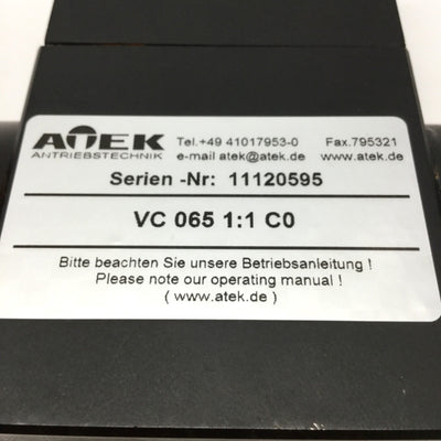 Used Atek VC 065 C0 Right Angle Servo Bevel Gear Box Drive, 1:1 Ratio, 3.6Nm @4000RPM