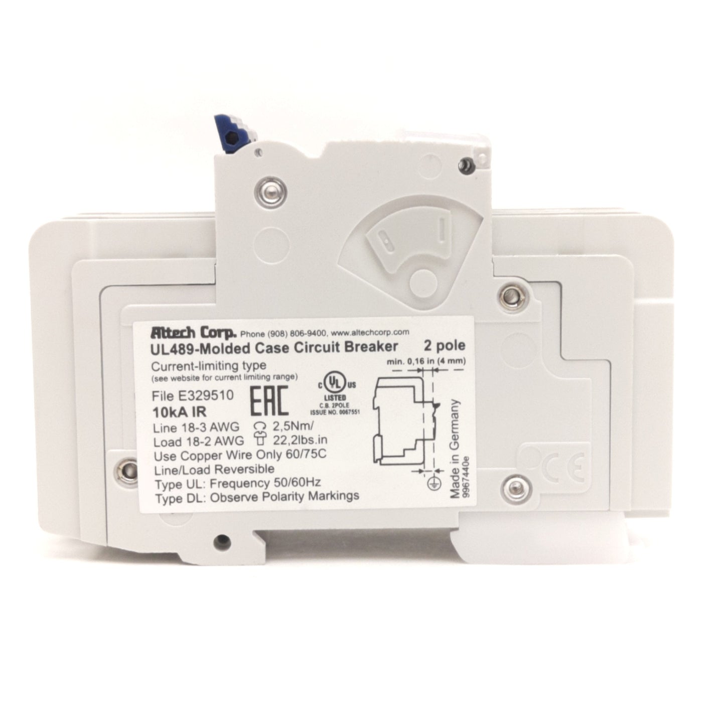 New – Open box Altech Corp 2D10UL Circuit Breaker, 2-Pole, 480Y/277VAC, 10A, DIN Rail