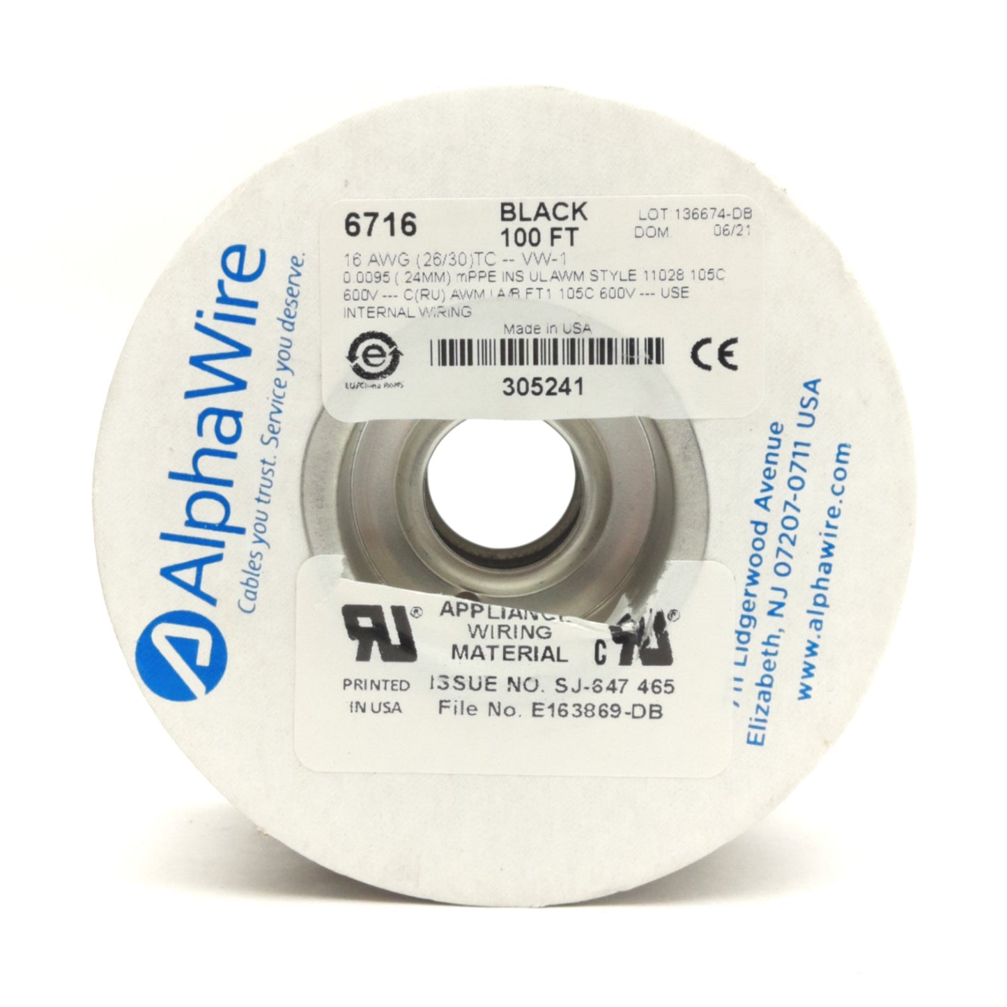 New – Open box Alpha Wire 6716 BK005 Hook-Up Wire 100' 16AWG (26/30) TC, -40°C to 105°C, 600V