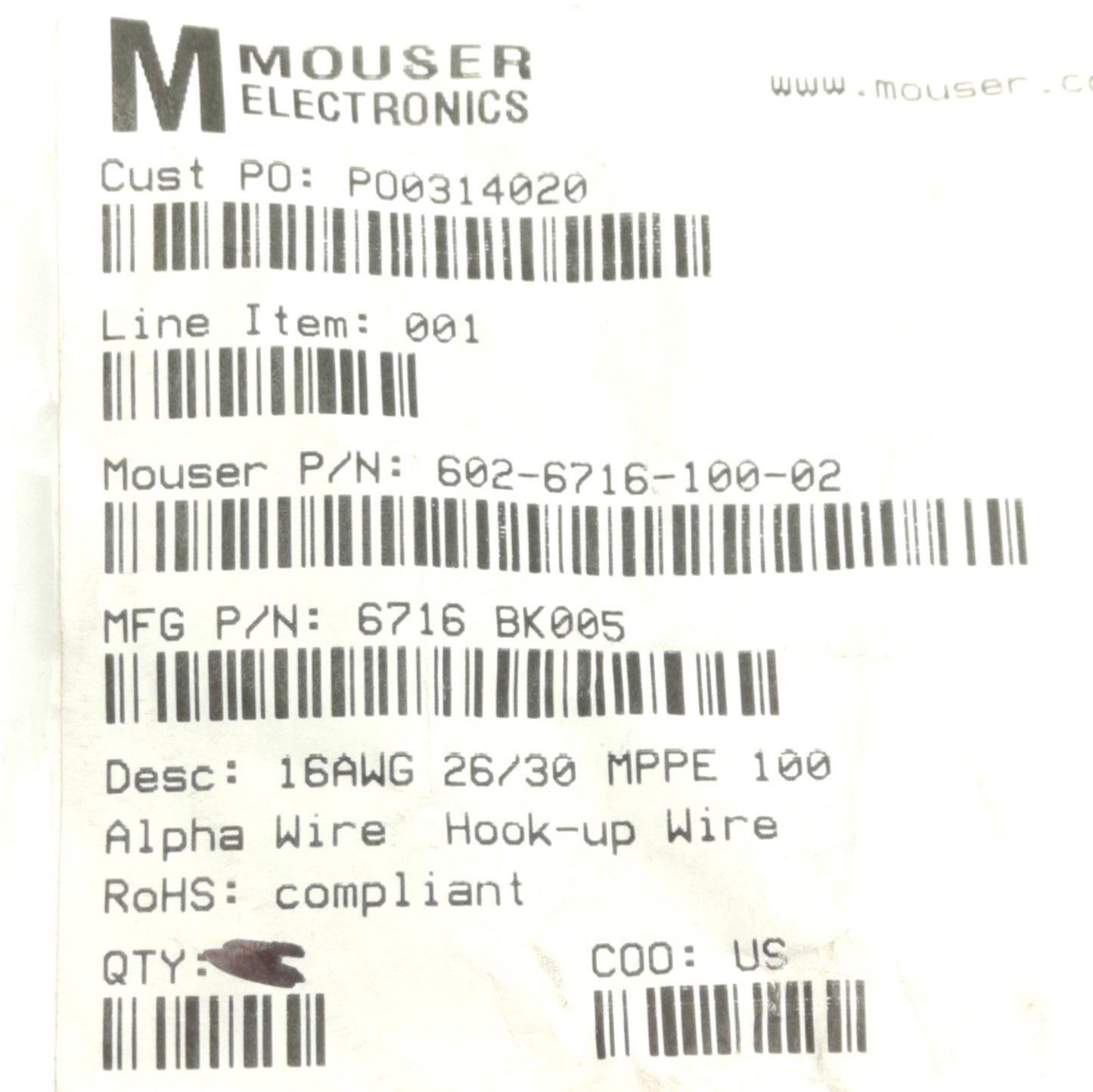 New – Open box Alpha Wire 6716 BK005 Hook-Up Wire 100' 16AWG (26/30) TC, -40°C to 105°C, 600V