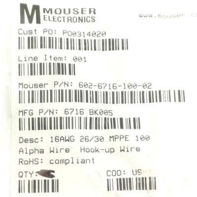 New – Open box Alpha Wire 6716 BK005 Hook-Up Wire 100' 16AWG (26/30) TC, -40°C to 105°C, 600V