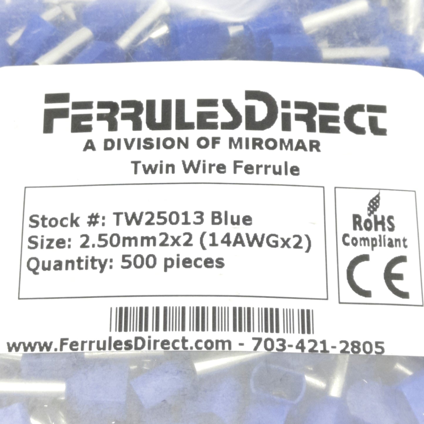 New Lot of 4 Bags of 500 Ferrules Direct TW25013 Twin Wire Ferrule, 13mm, 600V 30A