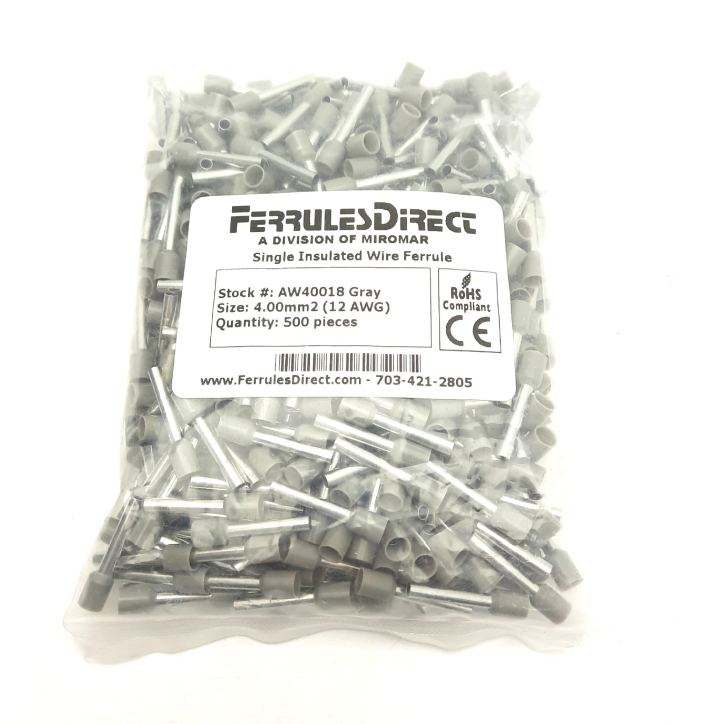 New Lot of 5 Bags of 500 Ferrules Direct AW40018 Single Wire Ferrule, 18mm, 600V 35A