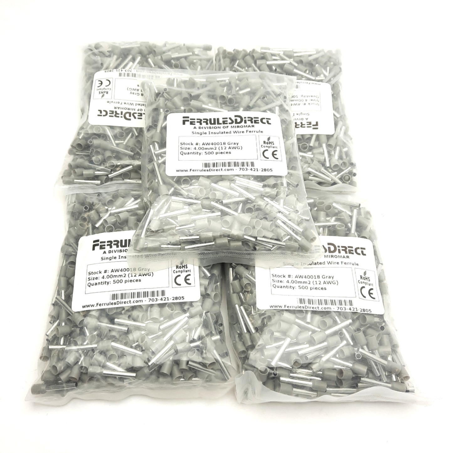 New Lot of 5 Bags of 500 Ferrules Direct AW40018 Single Wire Ferrule, 18mm, 600V 35A