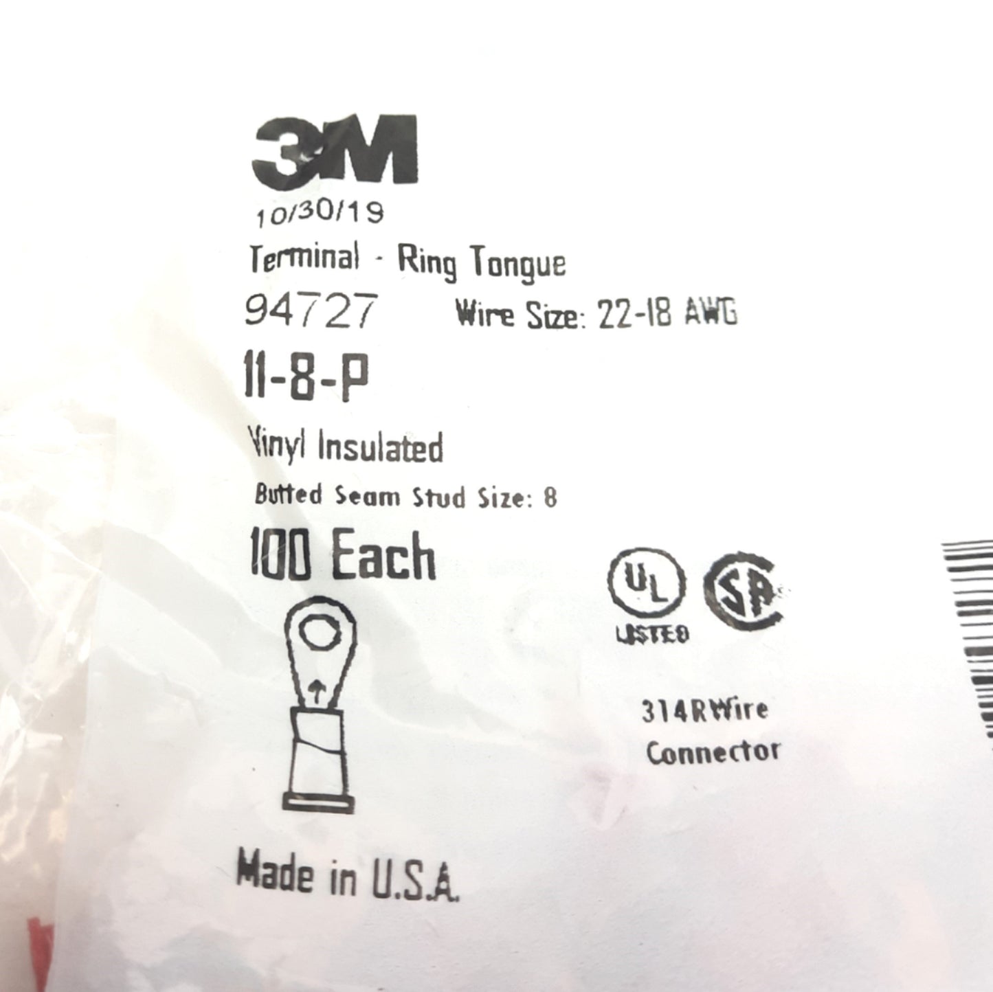New Lot of 4 Bags of 100 3M 94727 Ring Tongue Terminal, 22-18 AWG, Size 8 Stud