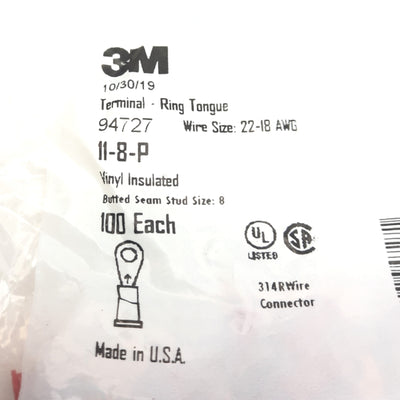 New Lot of 4 Bags of 100 3M 94727 Ring Tongue Terminal, 22-18 AWG, Size 8 Stud
