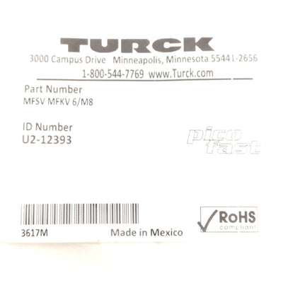 New – Open box Turck U2-12393 Picofast Female to Male Feed-Thru Receptacle, M8 6-Pin 125V 2A