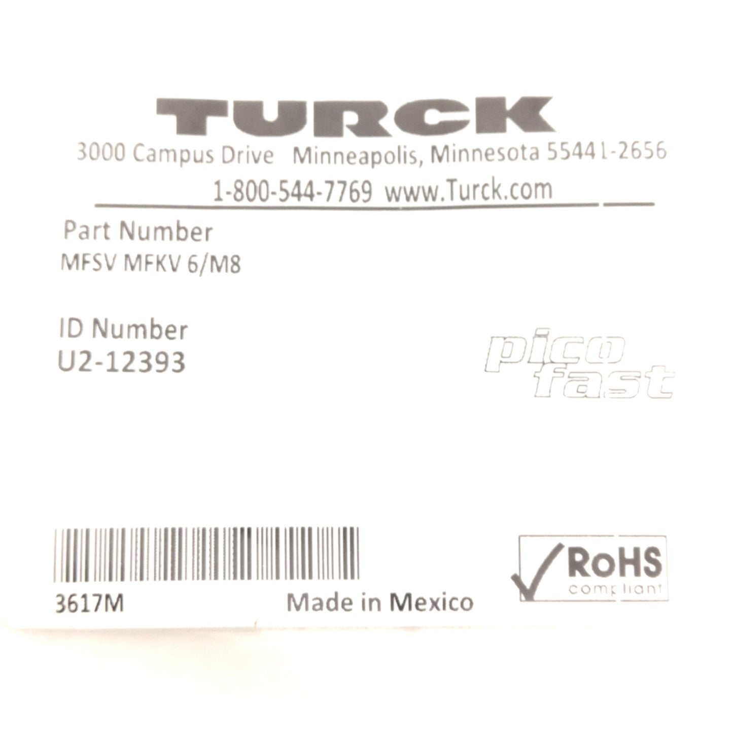 New – Open box Turck U2-12393 Picofast Female to Male Feed-Thru Receptacle, M8 6-Pin 125V 2A