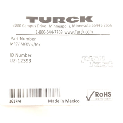 New – Open box Turck U2-12393 Picofast Female to Male Feed-Thru Receptacle, M8 6-Pin 125V 2A